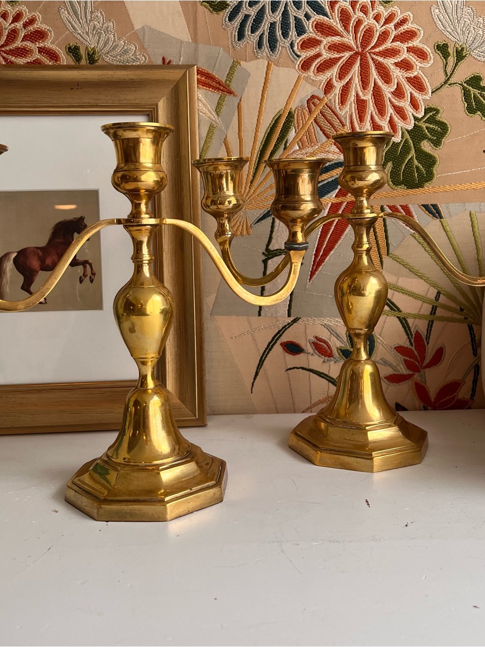 Vintage pair of three arm brass candlestick, candle holders, candelabra